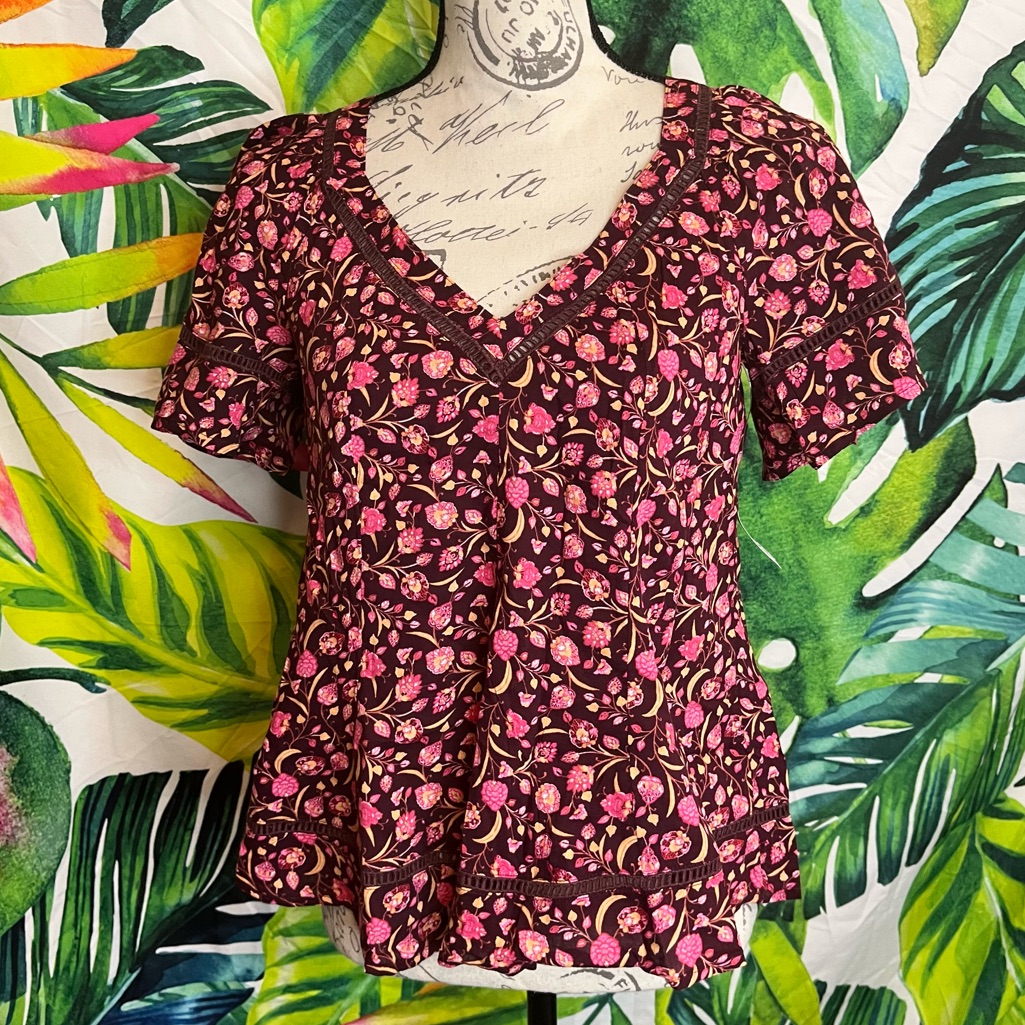 Nwt Old Navy Xs Red Pink Boho Floral Tiered Sleeve Casual Fall Summer Top